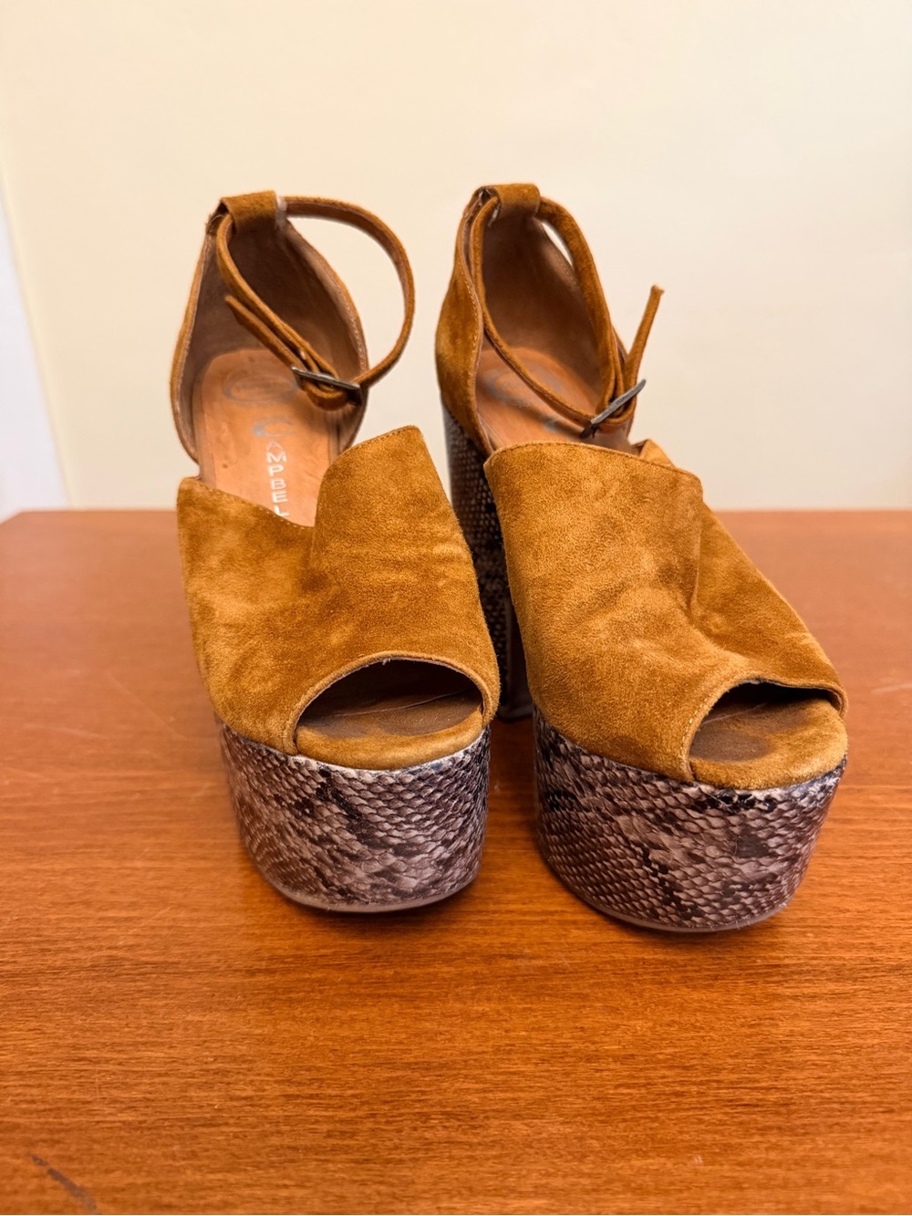 Suede Platform Sandal in Cognac with Ankle Strap